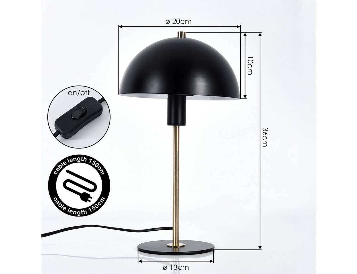 hofstein Tischleuchte moderne Nachttischlampe aus Metall in Schwarz/Goldfarben, ohne Leuchtmittel, RetroTischlampe, Ø20cm, 36cm, Schalter, 1 x E14, ohne Leuchtmittel. Bild 5