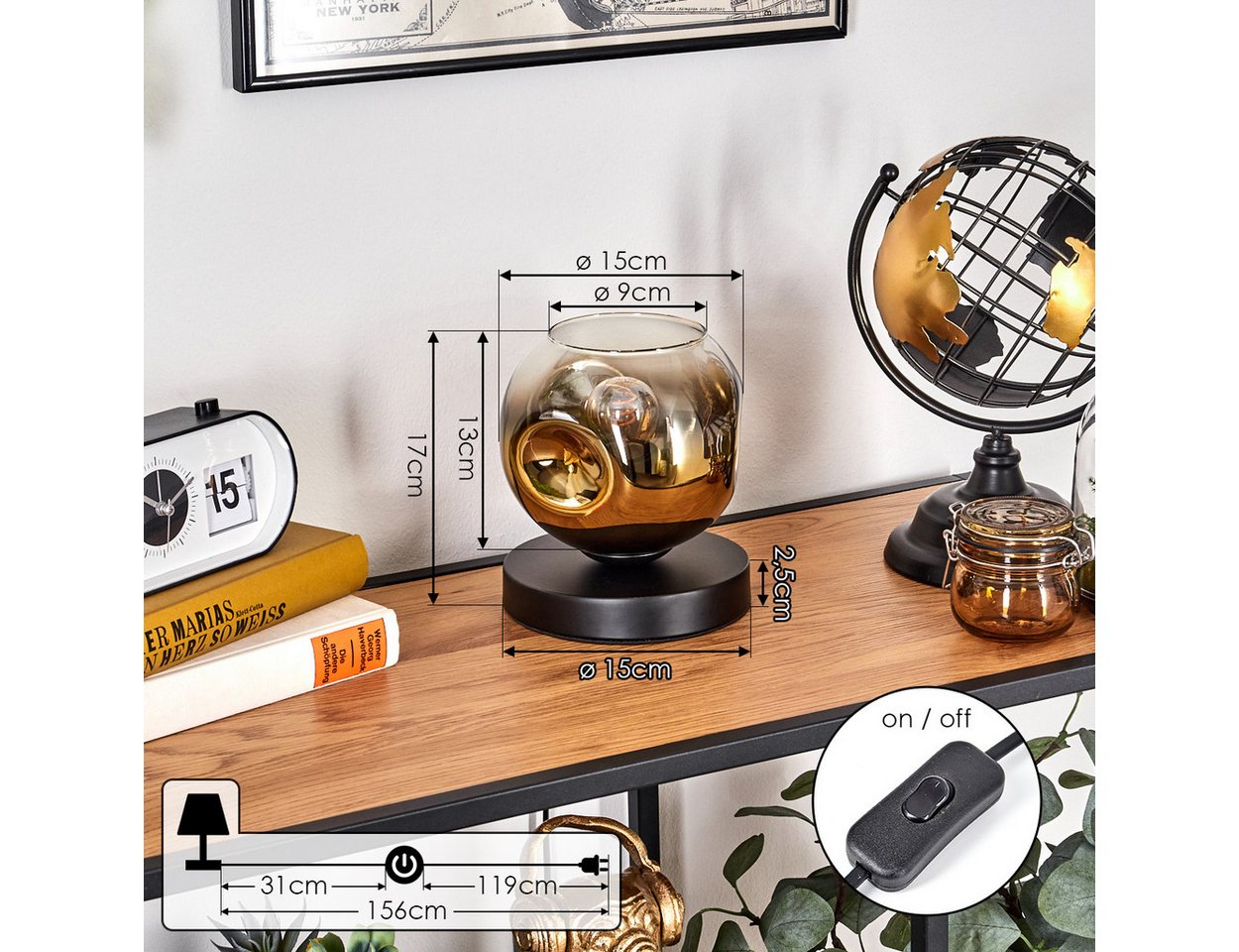 hofstein Tischleuchte Tischlampe aus Metall/Glas in Schwarz/Gold/Klar, ohne Leuchtmittel, mit Glasschrim(15cm), Schalter am Kabel, 1 x E27, ohne Leuchtmittel