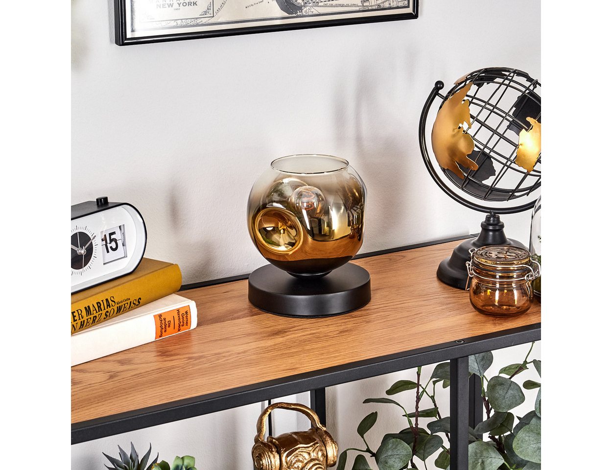 hofstein Tischleuchte Tischlampe aus Metall/Glas in Schwarz/Gold/Klar, ohne Leuchtmittel, mit Glasschrim(15cm), Schalter am Kabel, 1 x E27, ohne Leuchtmittel Bild 4