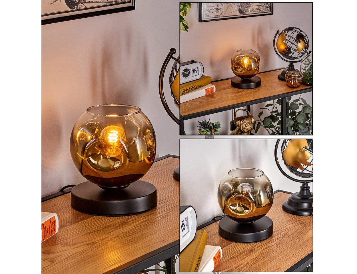 hofstein Tischleuchte Tischlampe aus Metall/Glas in Schwarz/Gold/Klar, ohne Leuchtmittel, mit Glasschrim(15cm), Schalter am Kabel, 1 x E27, ohne Leuchtmittel Bild 5
