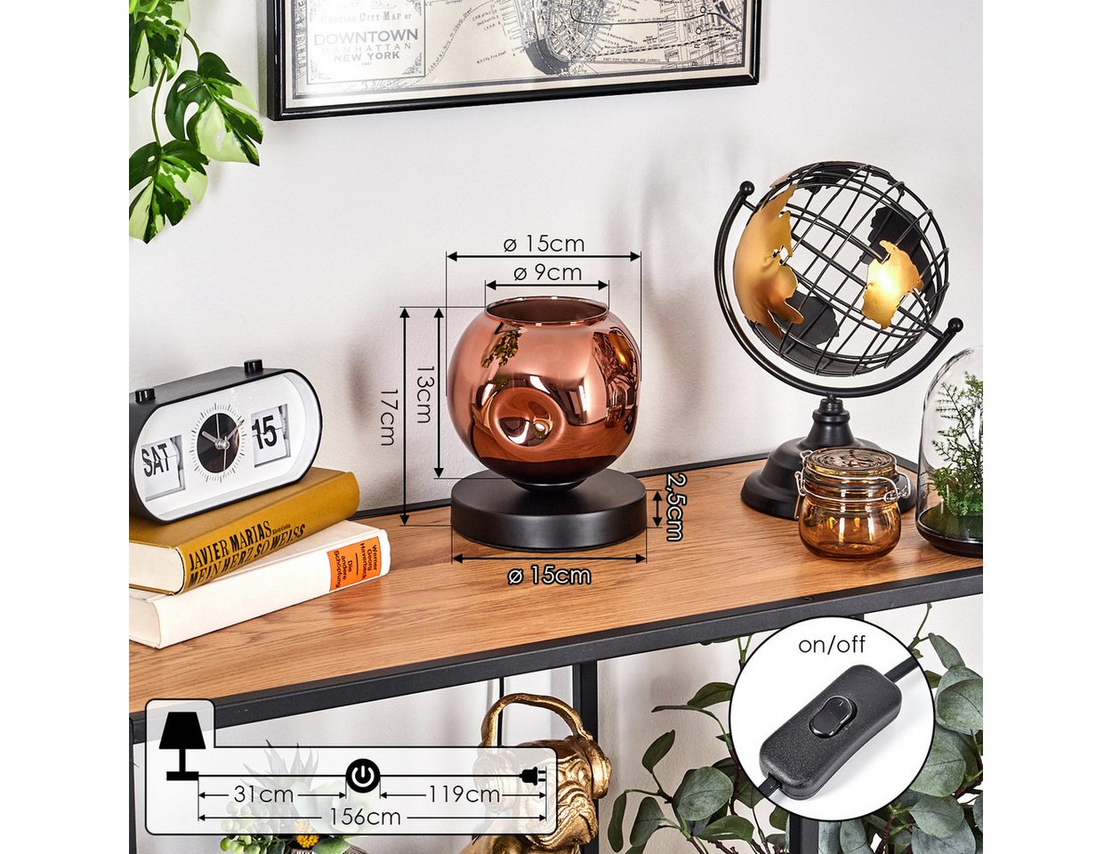 hofstein Tischleuchte Tischlampe aus Metall/Glas in Schwarz/Kupferfarben, ohne Leuchtmittel, mit Glasschrim(15cm), Schalter am Kabel, 1 x E27, ohne Leuchtmittel