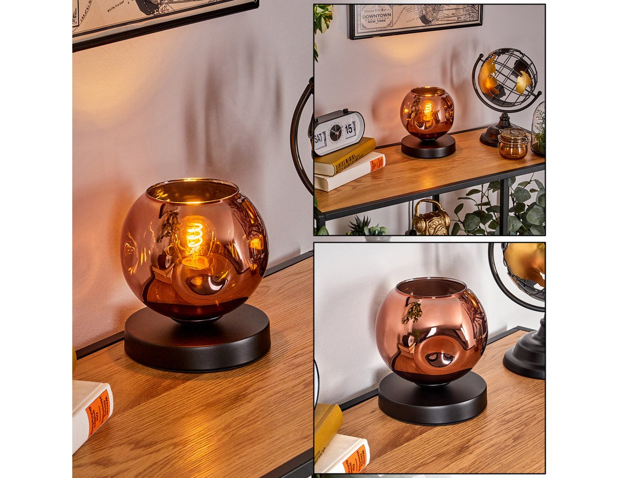 hofstein Tischleuchte Tischlampe aus Metall/Glas in Schwarz/Kupferfarben, ohne Leuchtmittel, mit Glasschrim(15cm), Schalter am Kabel, 1 x E27, ohne Leuchtmittel Bild 3