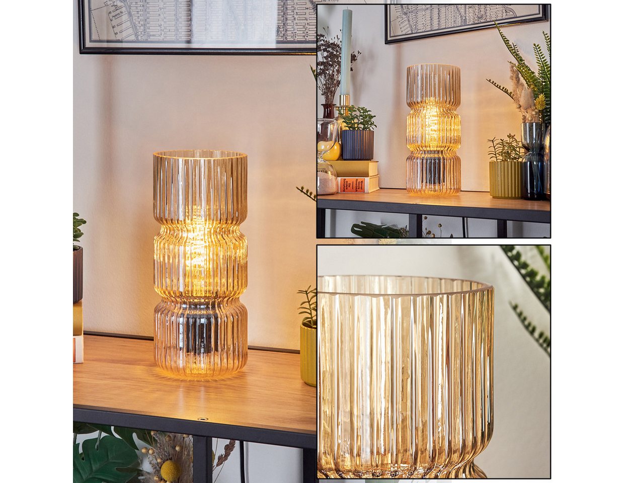 hofstein Tischleuchte Tischlampe aus Metall/Glas in Schwarz/Bernsteinfarben, ohne Leuchtmittel, mit Glasschirm (10,5cm) u. An/-Auschalter, 1x E27, ohne Leuchtmittel Bild 2