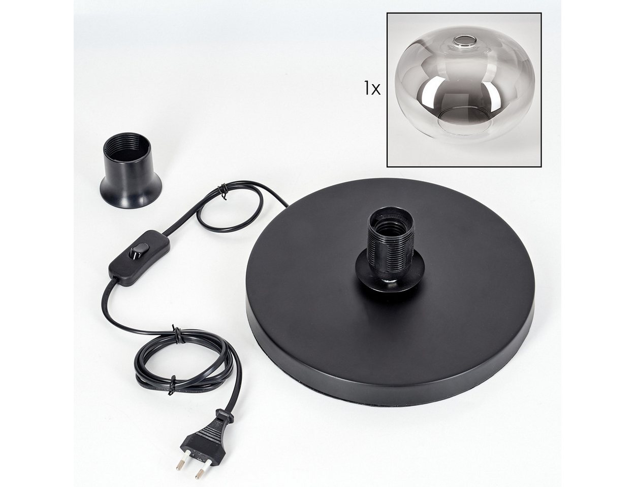 hofstein Tischleuchte Tischlampe aus Metall/Glas in Schwarz/Rauchfarben/Klar, ohne Leuchtmittel, mit Glasschrim(30cm), Schalter am Kabel, 1x E27, ohne Leuchtmittel