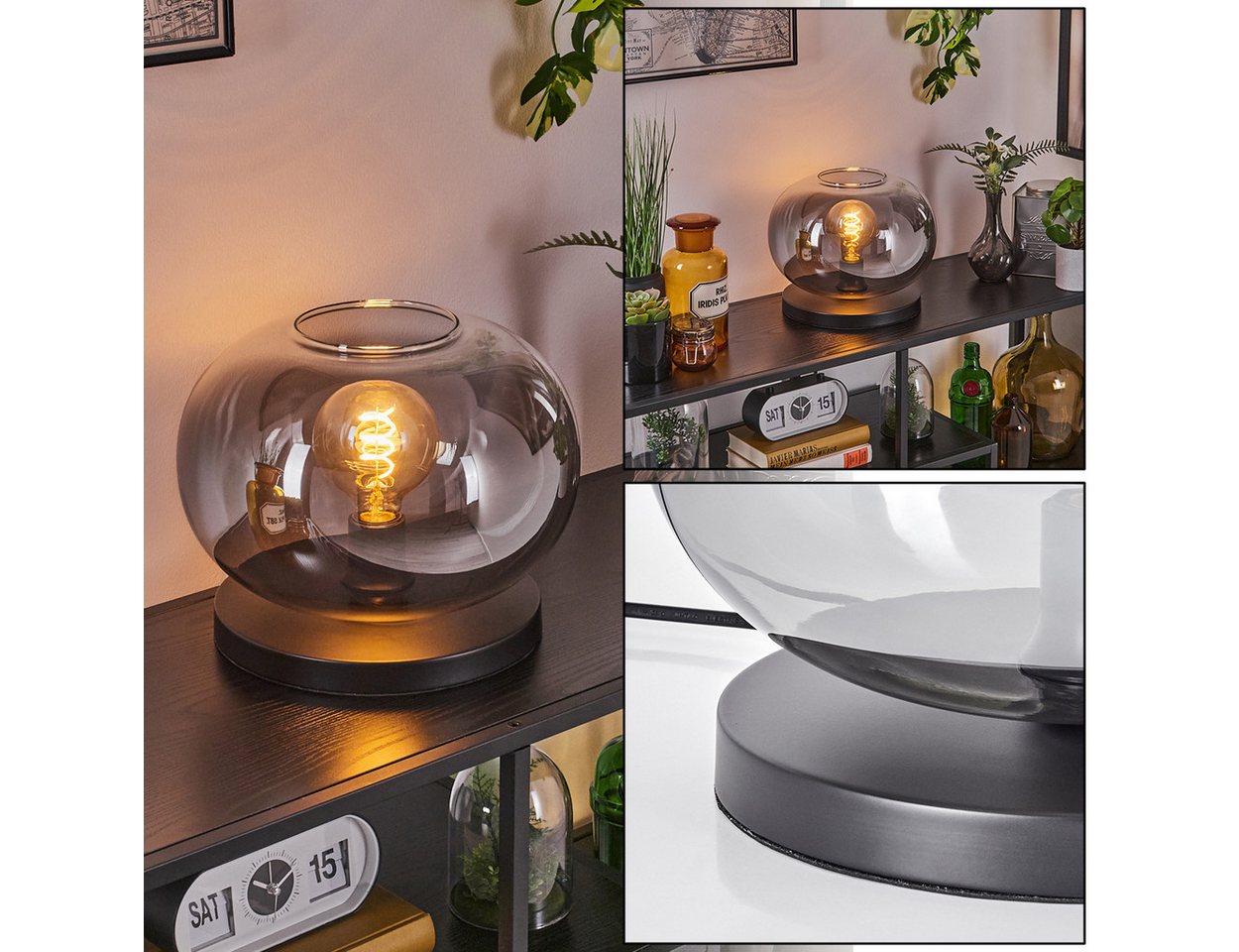 hofstein Tischleuchte Tischlampe aus Metall/Glas in Schwarz/Rauchfarben/Klar, ohne Leuchtmittel, mit Glasschrim(30cm), Schalter am Kabel, 1x E27, ohne Leuchtmittel Bild 3
