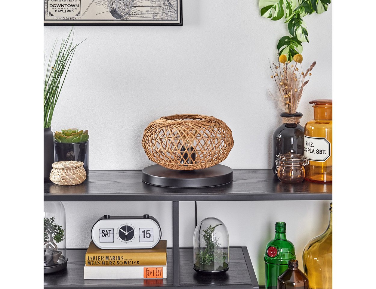 hofstein Tischleuchte moderne Boho Tischlampe aus Metall/Rattan in Schwarz/Natur, ohne Leuchtmittel, Gitterschirm Leuchte, Schalter am Kabel, 1 x E27, ohne Leuchtmittel