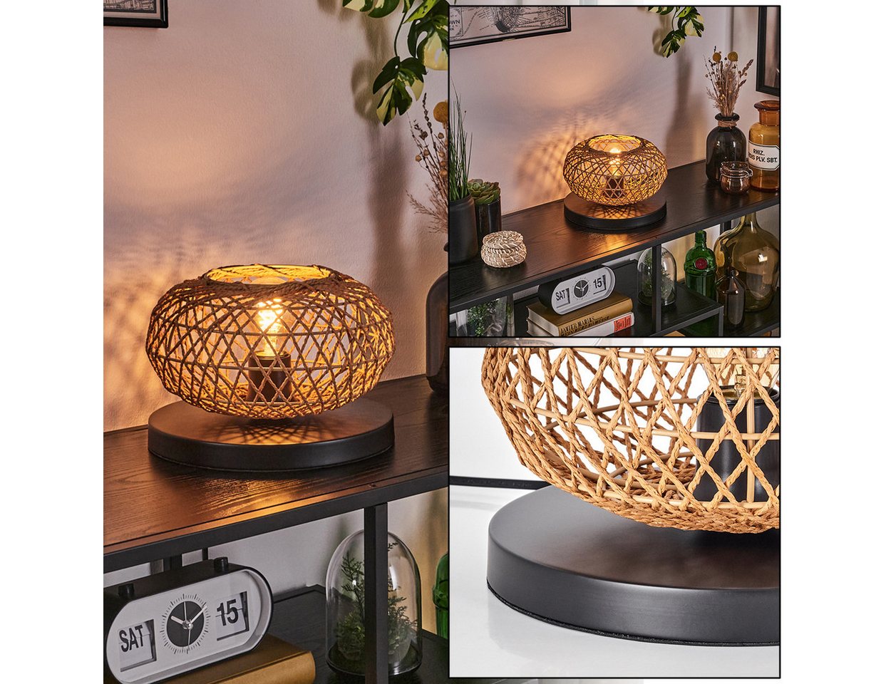 hofstein Tischleuchte moderne Boho Tischlampe aus Metall/Rattan in Schwarz/Natur, ohne Leuchtmittel, Gitterschirm Leuchte, Schalter am Kabel, 1 x E27, ohne Leuchtmittel Bild 4