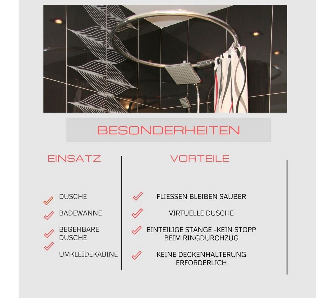 Ekershop Duschvorhangstange Alu Ringstange Silber Chrom Rund Ø 80 cm Winkelstange für Duschvorhang, Ø 800 mm, Fixmaß, Wandmontage, Verschraubt, Aluminium, für Duschvorhang ohne Duschvorhangringe, auch als Umkleiderkabine