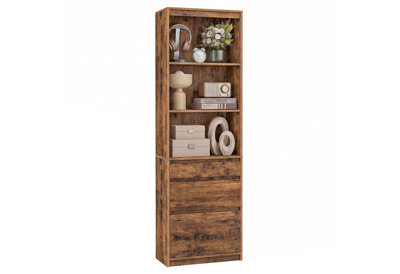 VASAGLE Bücherregal Standregal, Hochschrank, 3 Schubladen, verstellbare Ablagen