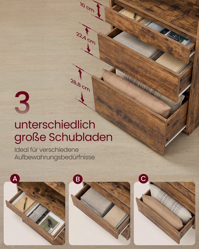 VASAGLE Bücherregal Standregal, Hochschrank, 3 Schubladen, verstellbare Ablagen Bild 2