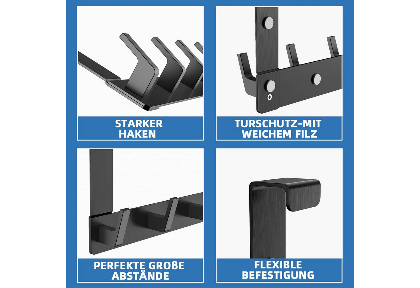 SURFOU Türhaken Kleiderhaken Tür Türhaken zum Einhängen Ohne bohren Handtuchhalter, Werkzeugräume, Küchen, Arbeitszimmer, für Schlafzimmer, Badezimmer, (Rostfreiem Aluminiumlegierung badezimmer zubehör für 2 cm dicke Türen, 40*14cm tür organizer, 1-St., Tragkraft max.10 kg, hängeaufbewahrung jackenhalter tür schwarz/silber) Bild 2