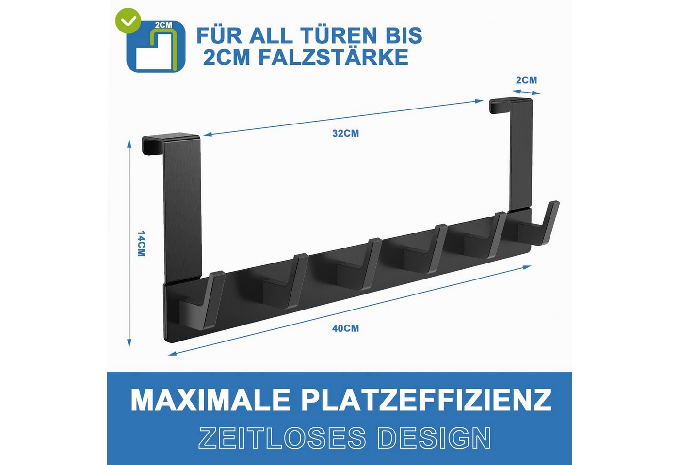 SURFOU Türhaken Kleiderhaken Tür Türhaken zum Einhängen Ohne bohren Handtuchhalter, Werkzeugräume, Küchen, Arbeitszimmer, für Schlafzimmer, Badezimmer, (Rostfreiem Aluminiumlegierung badezimmer zubehör für 2 cm dicke Türen, 40*14cm tür organizer, 1-St., Tragkraft max.10 kg, hängeaufbewahrung jackenhalter tür schwarz/silber) Bild 5