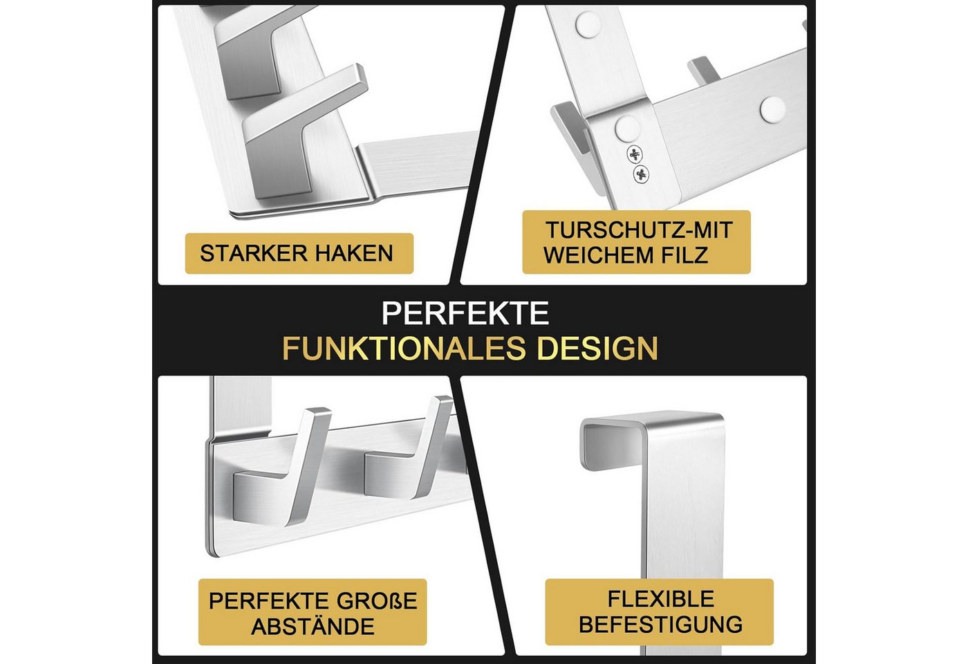 Refined Living Türhaken Türgarderobe zum Einhängen mit 6 Haken, ohne Bohren, Rostfrei, Schlafzimmer, Tür, für Flur, Bad und Küche, (Hakenleiste Bad, Türgarderobe, Ohne Bohren Türhaken, Platzsparende Türhaken, Türhaken zum Einhängen, 2-St., Arbeitszimmer, Kleiderhaken Tür, Handtuchhaken Tür, Türgarderobe), Robust & Langlebig, Vielseitig einsetzbar