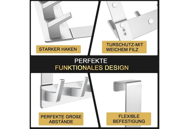 Refined Living Türhaken Türgarderobe zum Einhängen mit 6 Haken, ohne Bohren, Rostfrei, Schlafzimmer, Tür, für Flur, Bad und Küche, (Hakenleiste Bad, Türgarderobe, Ohne Bohren Türhaken, Platzsparende Türhaken, Türhaken zum Einhängen, 2-St., Arbeitszimmer, Kleiderhaken Tür, Handtuchhaken Tür, Türgarderobe), Robust & Langlebig, Vielseitig einsetzbar