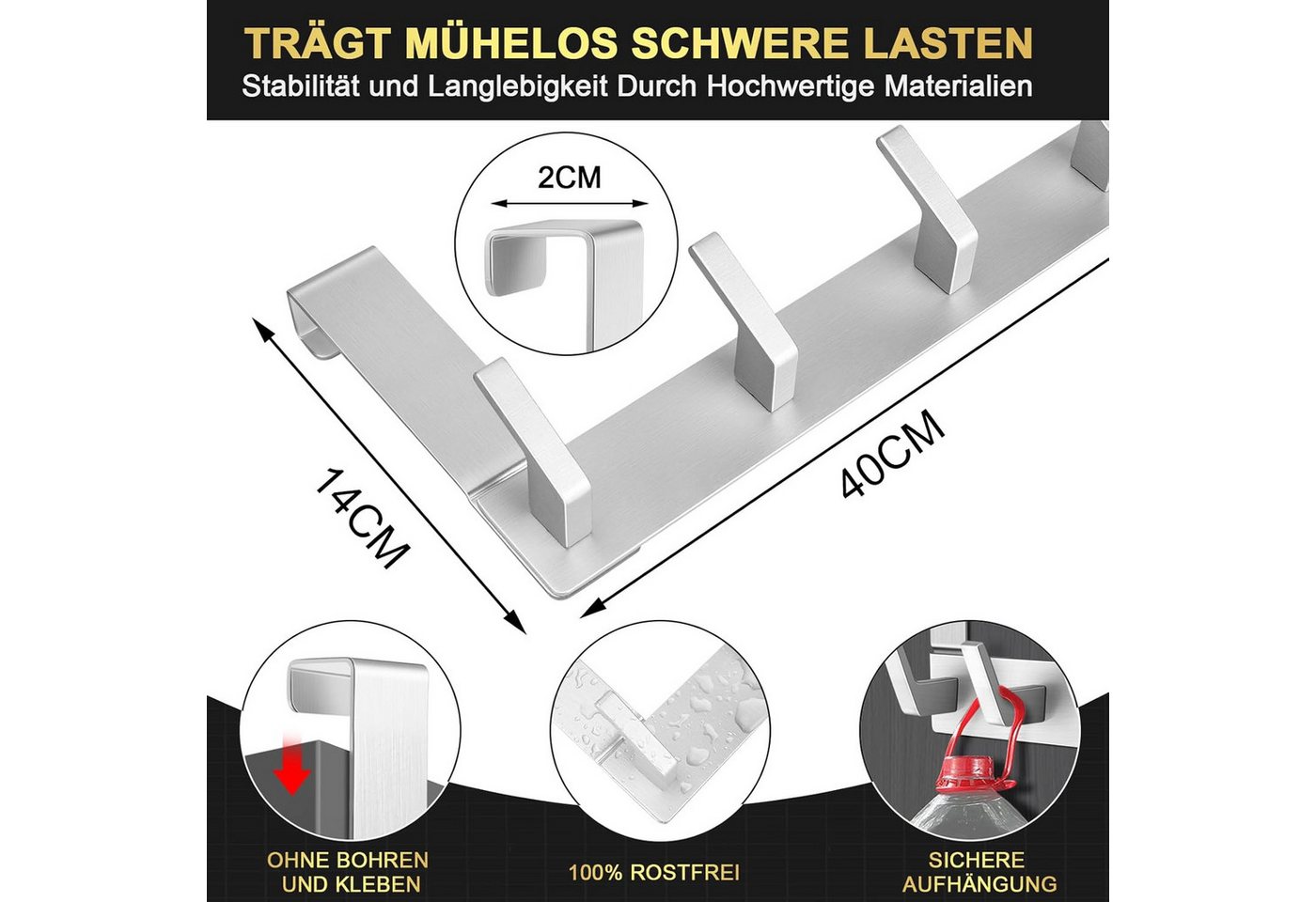 Refined Living Türhaken Türgarderobe zum Einhängen mit 6 Haken, ohne Bohren, Rostfrei, Schlafzimmer, Tür, für Flur, Bad und Küche, (Hakenleiste Bad, Türgarderobe, Ohne Bohren Türhaken, Platzsparende Türhaken, Türhaken zum Einhängen, 2-St., Arbeitszimmer, Kleiderhaken Tür, Handtuchhaken Tür, Türgarderobe), Robust & Langlebig, Vielseitig einsetzbar Bild 2