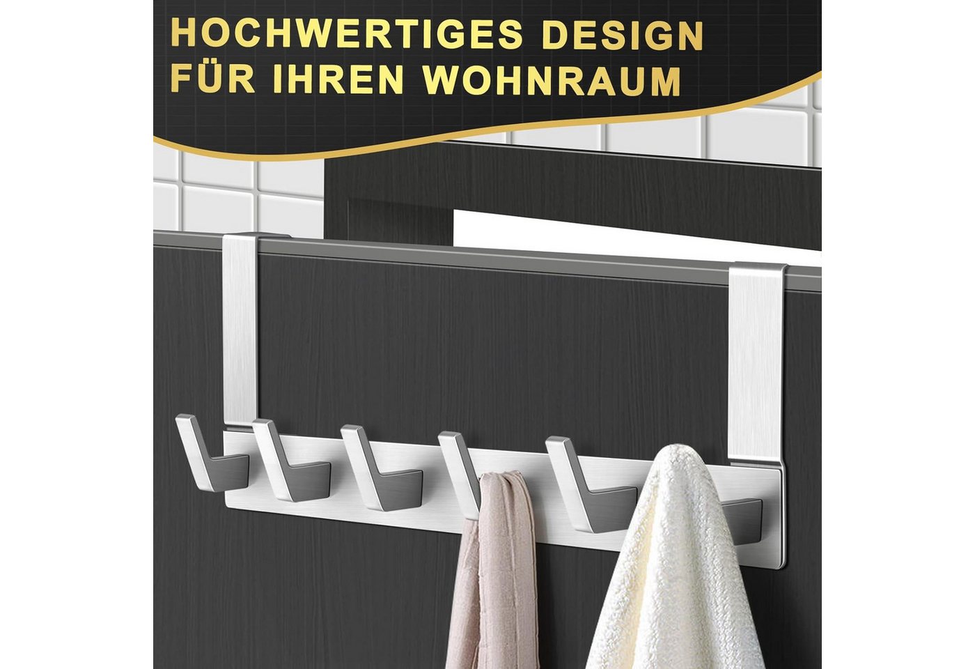 Refined Living Türhaken Türgarderobe zum Einhängen mit 6 Haken, ohne Bohren, Rostfrei, Schlafzimmer, Tür, für Flur, Bad und Küche, (Hakenleiste Bad, Türgarderobe, Ohne Bohren Türhaken, Platzsparende Türhaken, Türhaken zum Einhängen, 2-St., Arbeitszimmer, Kleiderhaken Tür, Handtuchhaken Tür, Türgarderobe), Robust & Langlebig, Vielseitig einsetzbar Bild 3