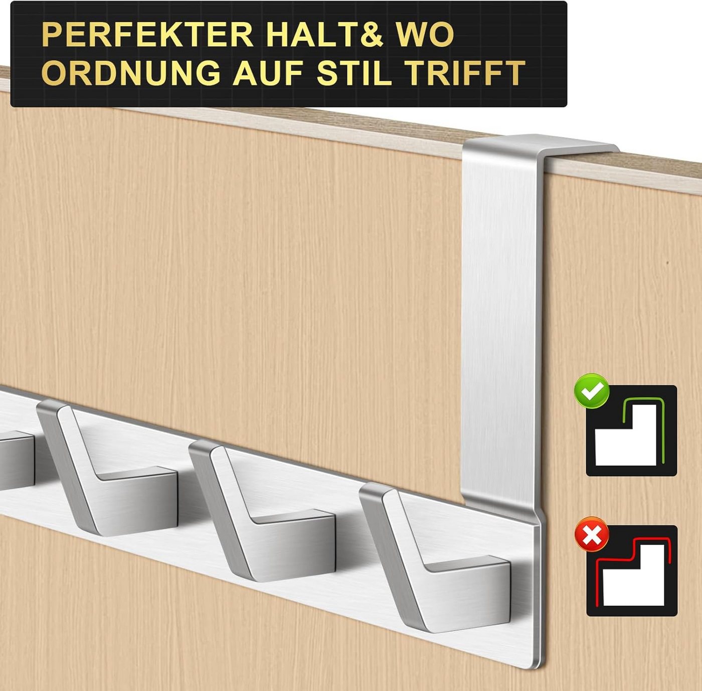 Refined Living Türhaken Türgarderobe zum Einhängen mit 6 Haken, ohne Bohren, Rostfrei, Schlafzimmer, Tür, für Flur, Bad und Küche, (Hakenleiste Bad, Türgarderobe, Ohne Bohren Türhaken, Platzsparende Türhaken, Türhaken zum Einhängen, 2-St., Arbeitszimmer, Kleiderhaken Tür, Handtuchhaken Tür, Türgarderobe), Robust & Langlebig, Vielseitig einsetzbar Bild 4