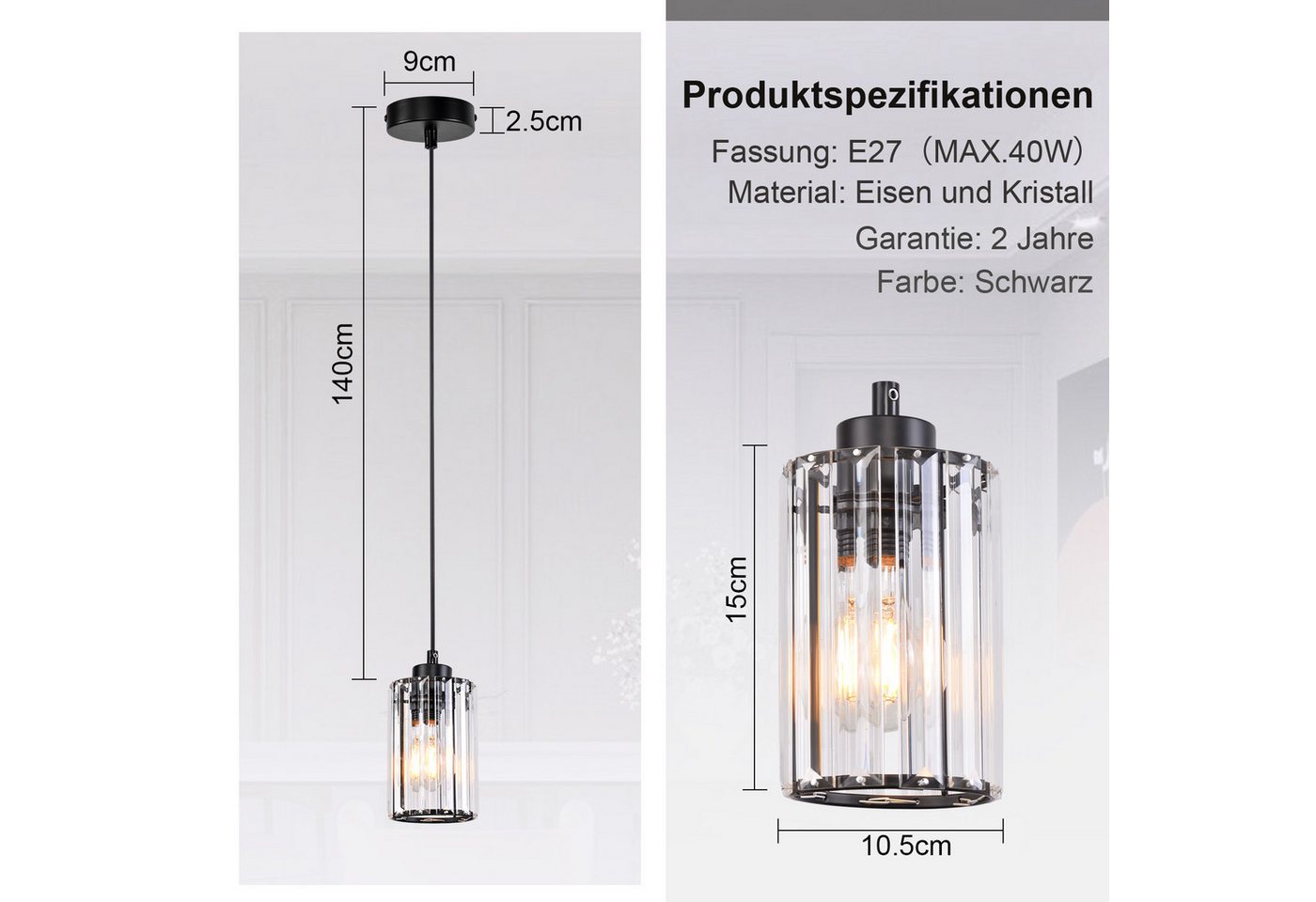 ZMH Pendelleuchte Esszimmer 1 Flammig Schwarz Modern Hängelampe Wohnzimmer Flur, Augenschutz, Einfache Installtion, ohne Leuchtmittel, Kristall Schwarz Schlafzimmer Hängeleuchte Bild 2