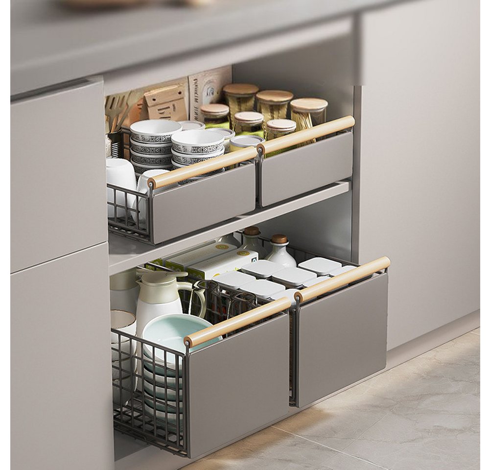 GarveeMore Küchenorganizer-Set Neu Spülbeckenregal aus Kohlenstoffstahl Ausziehbar Aufbewahrungsregal, Multifunktional Punch-Free-Schrank Schublade Korb Gewürzregal
