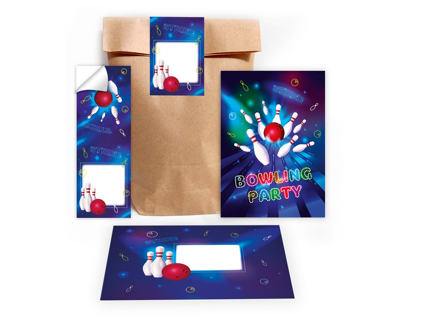 LIMONIA Einladungskarten Bowling zum Geburtstag Einladungen Karten mit Umschlägen Mitgebsel, Mitbringsel Set Kegeln für Kinder zum Geburtstag Gastgeschenke
