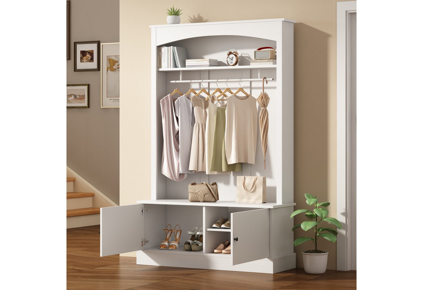 Merax Garderobenschrank 5 in 1 Garderobenständer Aufbewahrungsschrank (1-St., 120 x 40 x 190 cm) Eingangsschrank mit Sitzbank, verstellbaren Regalen & Kleiderstange