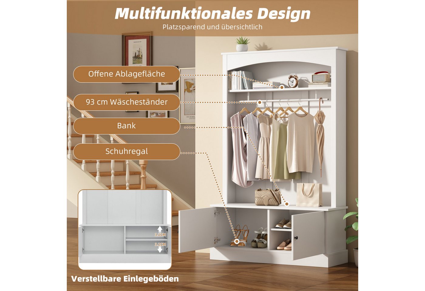 Merax Garderobenschrank 5 in 1 Garderobenständer Aufbewahrungsschrank (1-St., 120 x 40 x 190 cm) Eingangsschrank mit Sitzbank, verstellbaren Regalen & Kleiderstange Bild 5