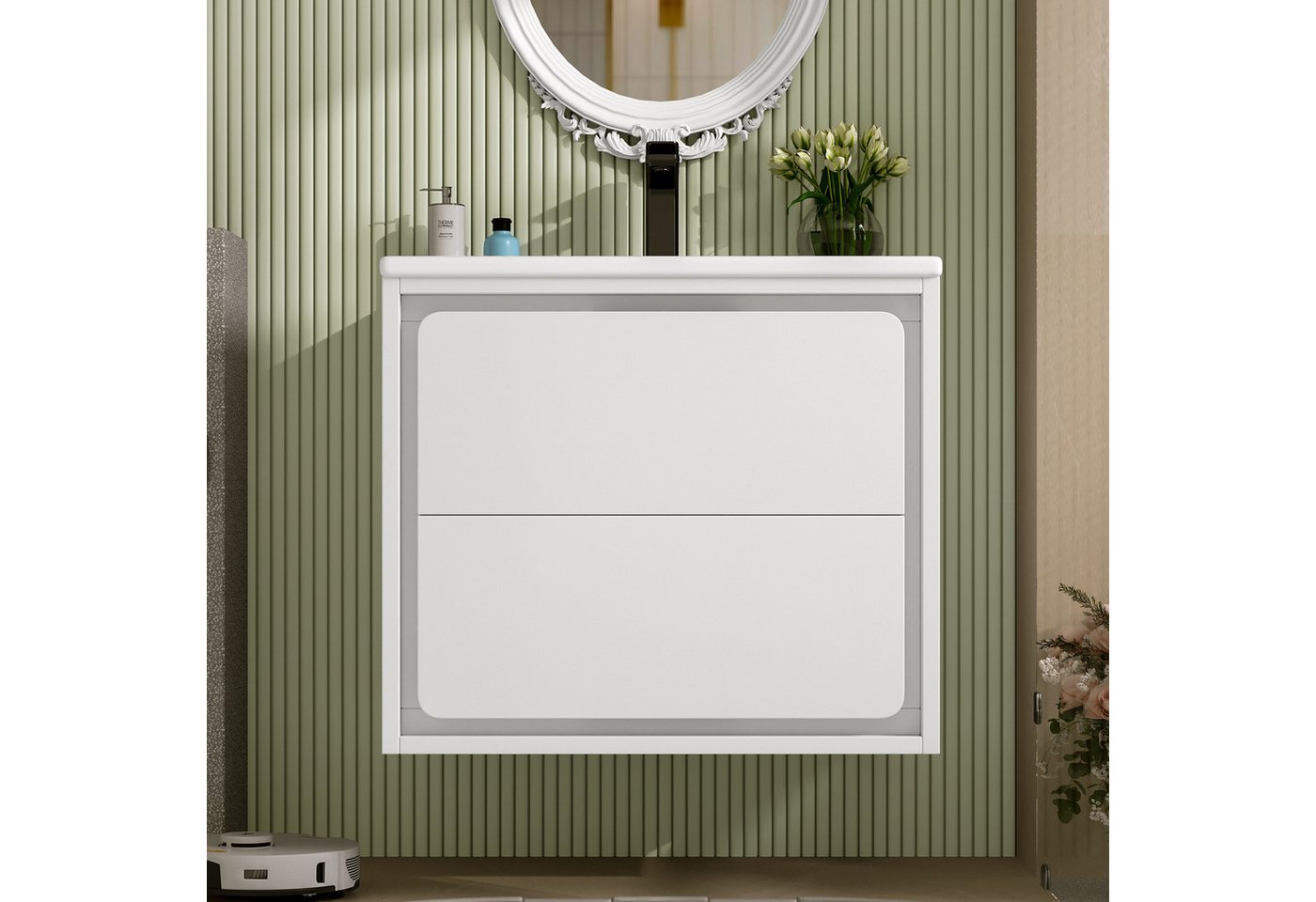 Flieks Waschtisch Waschbeckenunterschrank mit Waschbecken, LED-Radarsensor, 2 Schubladen (wandhängend Badezimmerschrank Volllackierung, leise Gleitschienen, 1-St., B60/T46/H50 cm), Badmöbel Waschplatz mit 2 Schubladen und LED-Beleuchtung Weiß