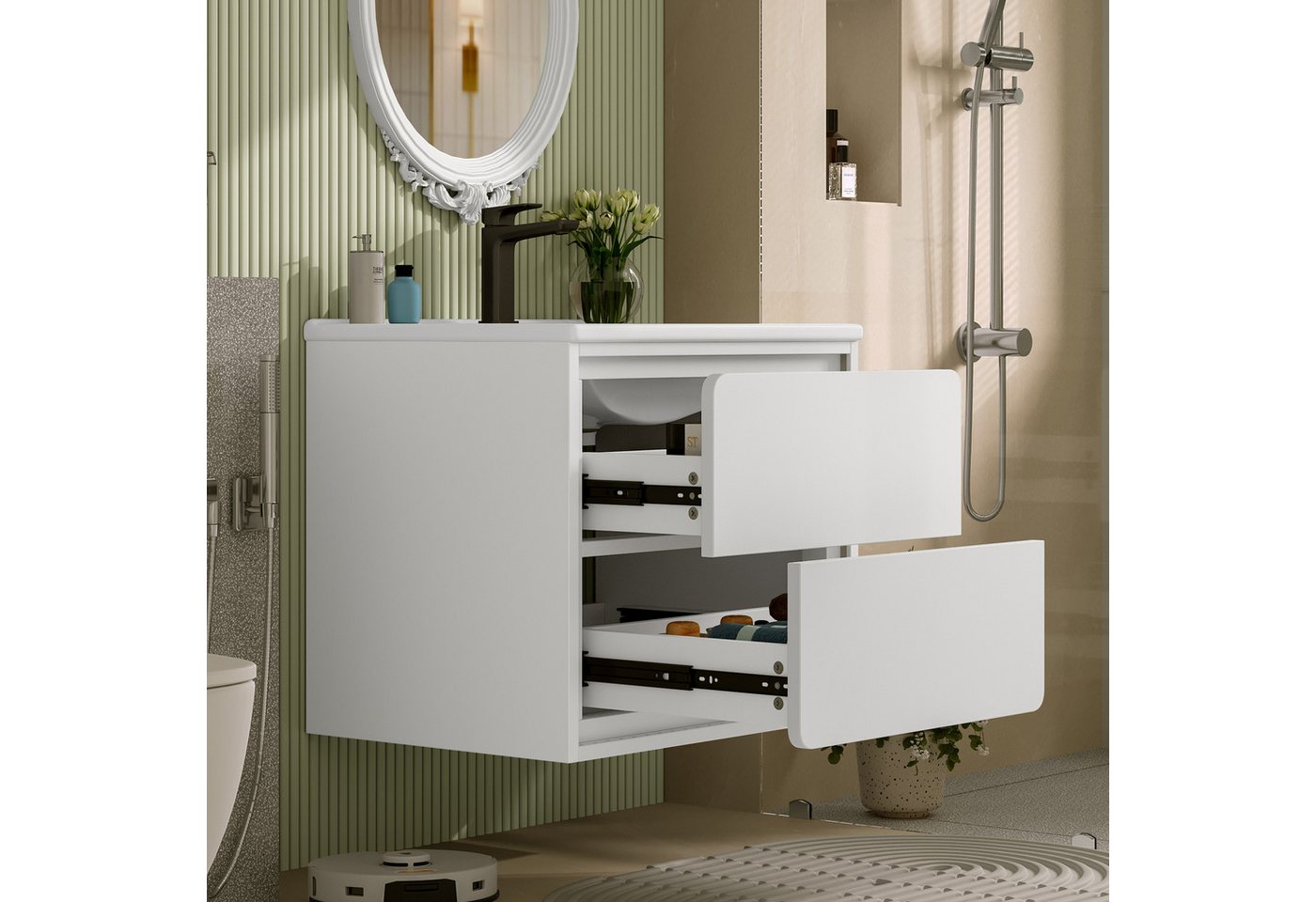 Flieks Waschtisch Waschbeckenunterschrank mit Waschbecken, LED-Radarsensor, 2 Schubladen (wandhängend Badezimmerschrank Volllackierung, leise Gleitschienen, 1-St., B60/T46/H50 cm), Badmöbel Waschplatz mit 2 Schubladen und LED-Beleuchtung Weiß Bild 2