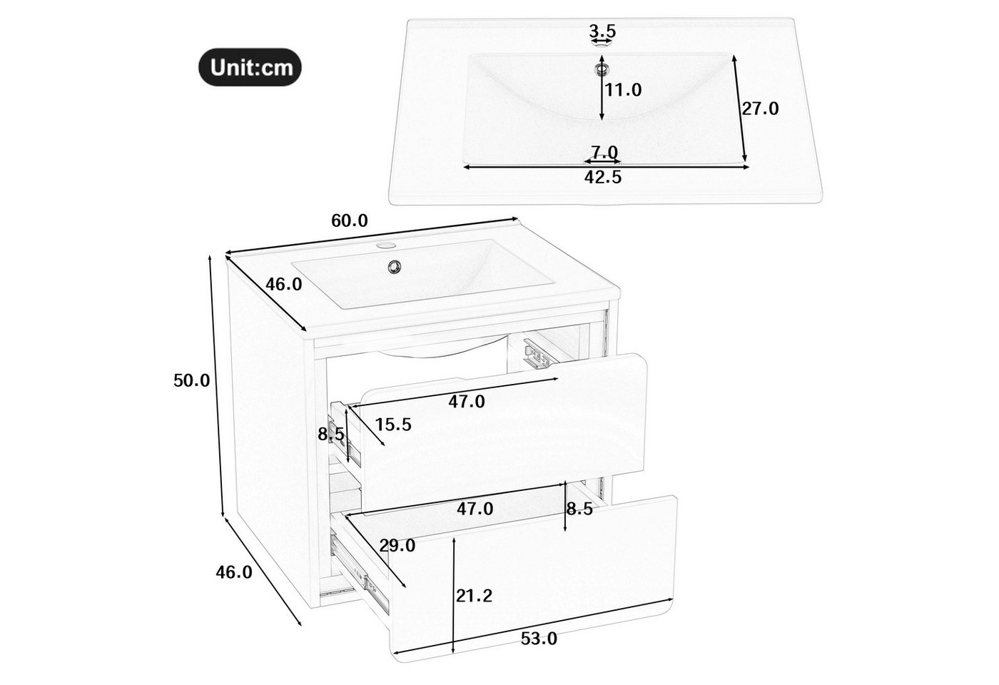 Flieks Waschtisch Waschbeckenunterschrank mit Waschbecken, LED-Radarsensor, 2 Schubladen (wandhängend Badezimmerschrank Volllackierung, leise Gleitschienen, 1-St., B60/T46/H50 cm), Badmöbel Waschplatz mit 2 Schubladen und LED-Beleuchtung Weiß Bild 3