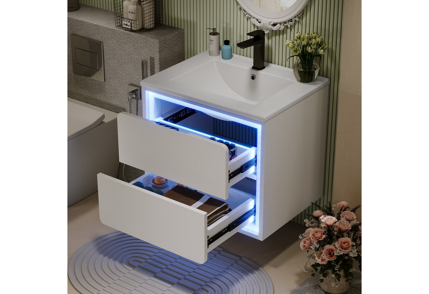 Flieks Waschtisch Waschbeckenunterschrank mit Waschbecken, LED-Radarsensor, 2 Schubladen (wandhängend Badezimmerschrank Volllackierung, leise Gleitschienen, 1-St., B60/T46/H50 cm), Badmöbel Waschplatz mit 2 Schubladen und LED-Beleuchtung Weiß Bild 5