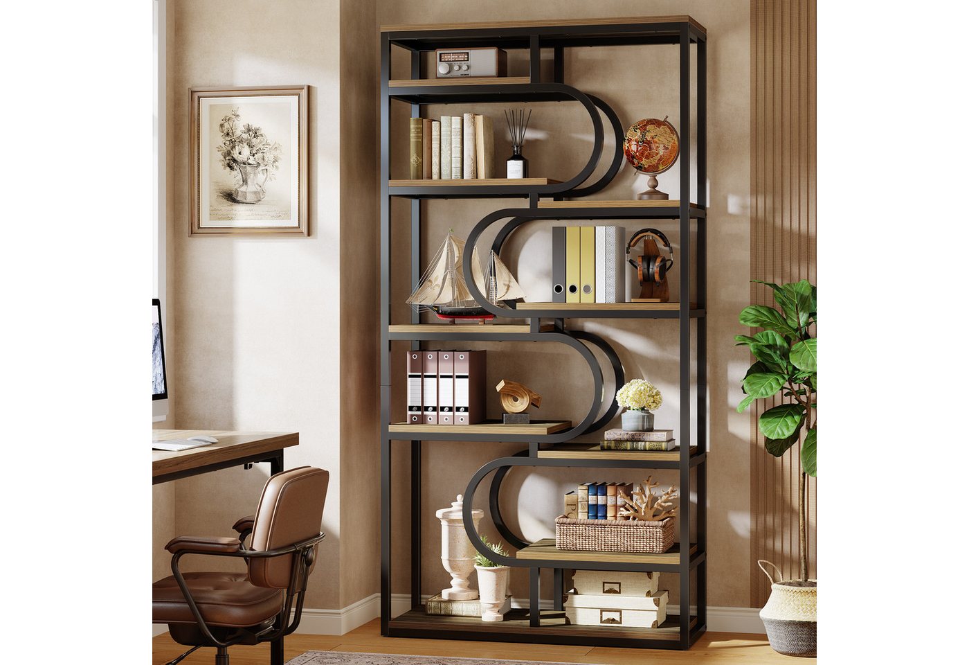 Tribesigns Bücherregal 5-stöckiges Industrial-Standregal, Ausstellungsregal mit Metallrahmen, 180cm Etagere-Bücherregal, Freistehendes Regal mit Offenem Stauraum