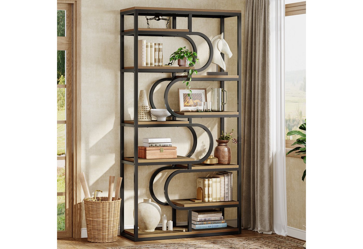 Tribesigns Bücherregal 5-stöckiges Industrial-Standregal, Ausstellungsregal mit Metallrahmen, 180cm Etagere-Bücherregal, Freistehendes Regal mit Offenem Stauraum Bild 3