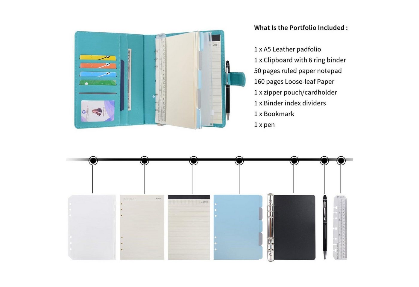 LuxusKollektion Ringbuchmappe Tagebuch A5 Liniert PU Leder Nachfüllbar Ringbuch Stift Cyan