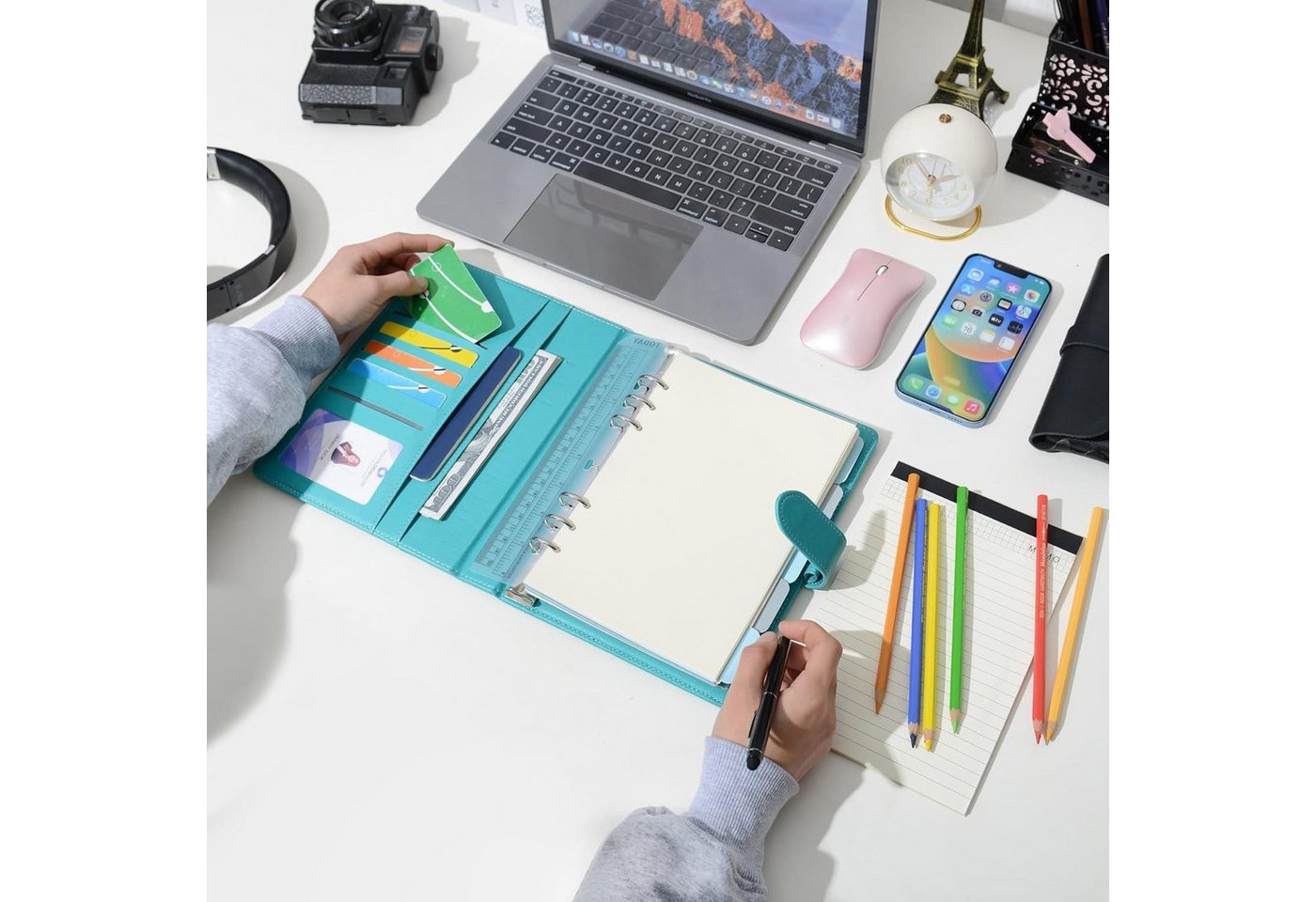 LuxusKollektion Ringbuchmappe Tagebuch A5 Liniert PU Leder Nachfüllbar Ringbuch Stift Cyan Bild 2