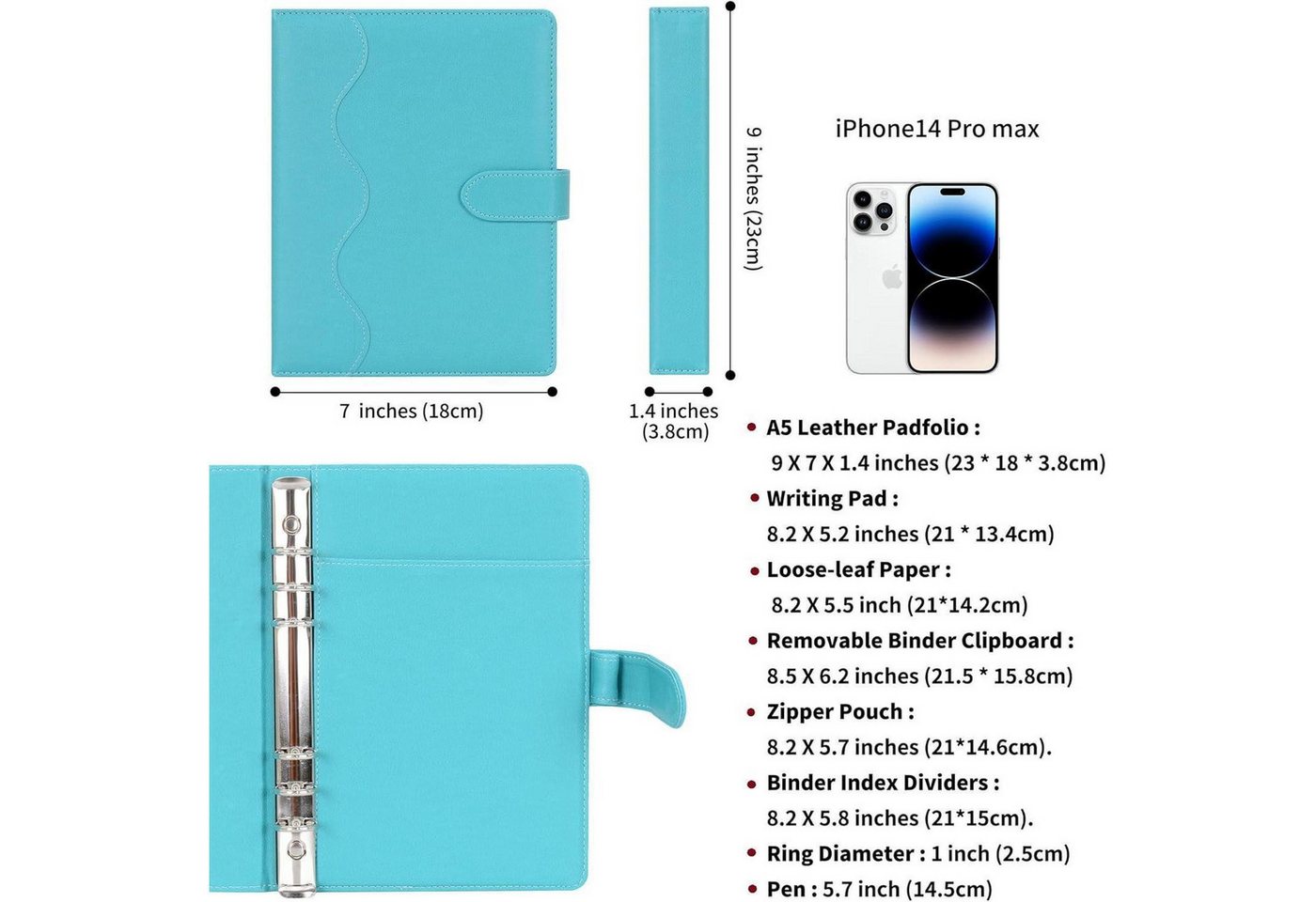 LuxusKollektion Ringbuchmappe Tagebuch A5 Liniert PU Leder Nachfüllbar Ringbuch Stift Cyan Bild 3