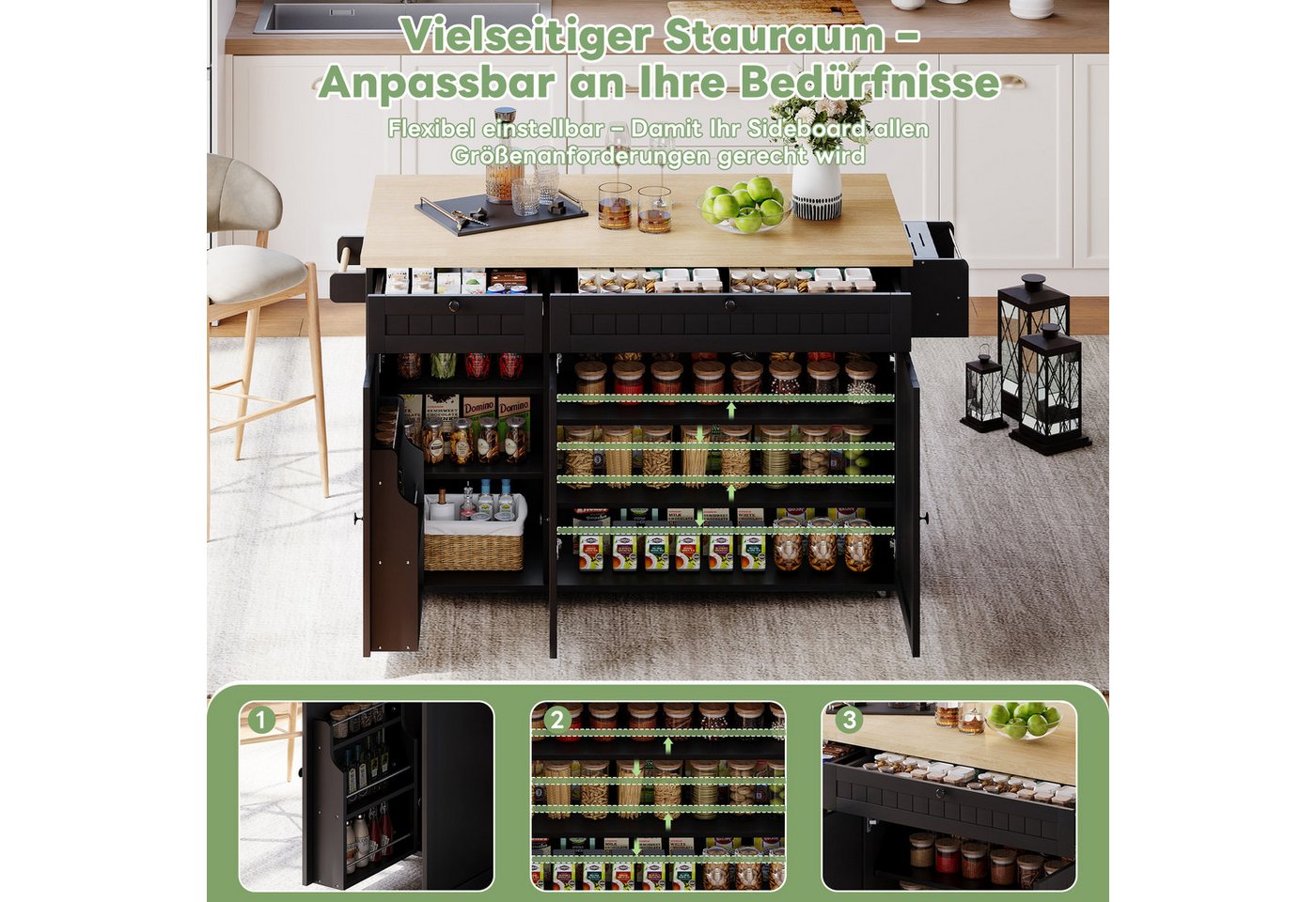 i@home Kücheninsel mit klappbarer Arbeitsplatte,Küchenschrank auf 6 feststellbaren Rollen, (mit Ablage,Türregal,2 großen Schubladen und Schrank 137 x 89,5 x 45 cm)