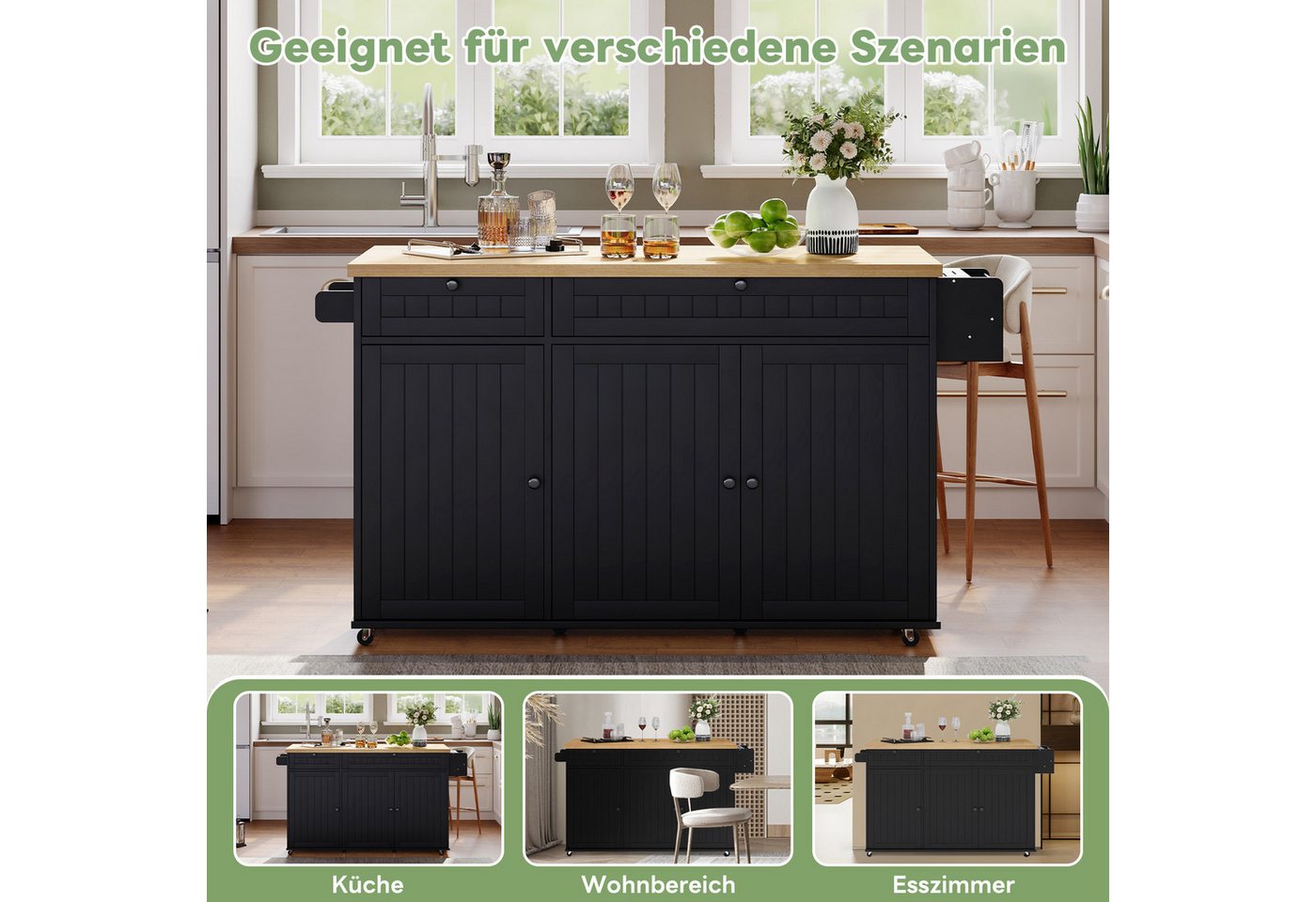 i@home Kücheninsel mit klappbarer Arbeitsplatte,Küchenschrank auf 6 feststellbaren Rollen, (mit Ablage,Türregal,2 großen Schubladen und Schrank 137 x 89,5 x 45 cm) Bild 2