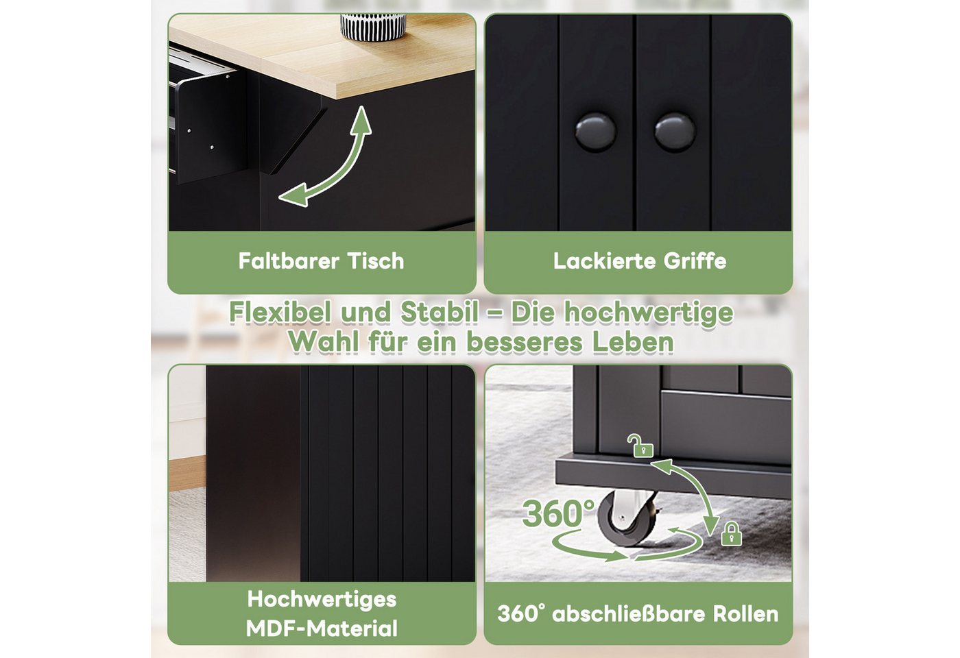 i@home Kücheninsel mit klappbarer Arbeitsplatte,Küchenschrank auf 6 feststellbaren Rollen, (mit Ablage,Türregal,2 großen Schubladen und Schrank 137 x 89,5 x 45 cm) Bild 4