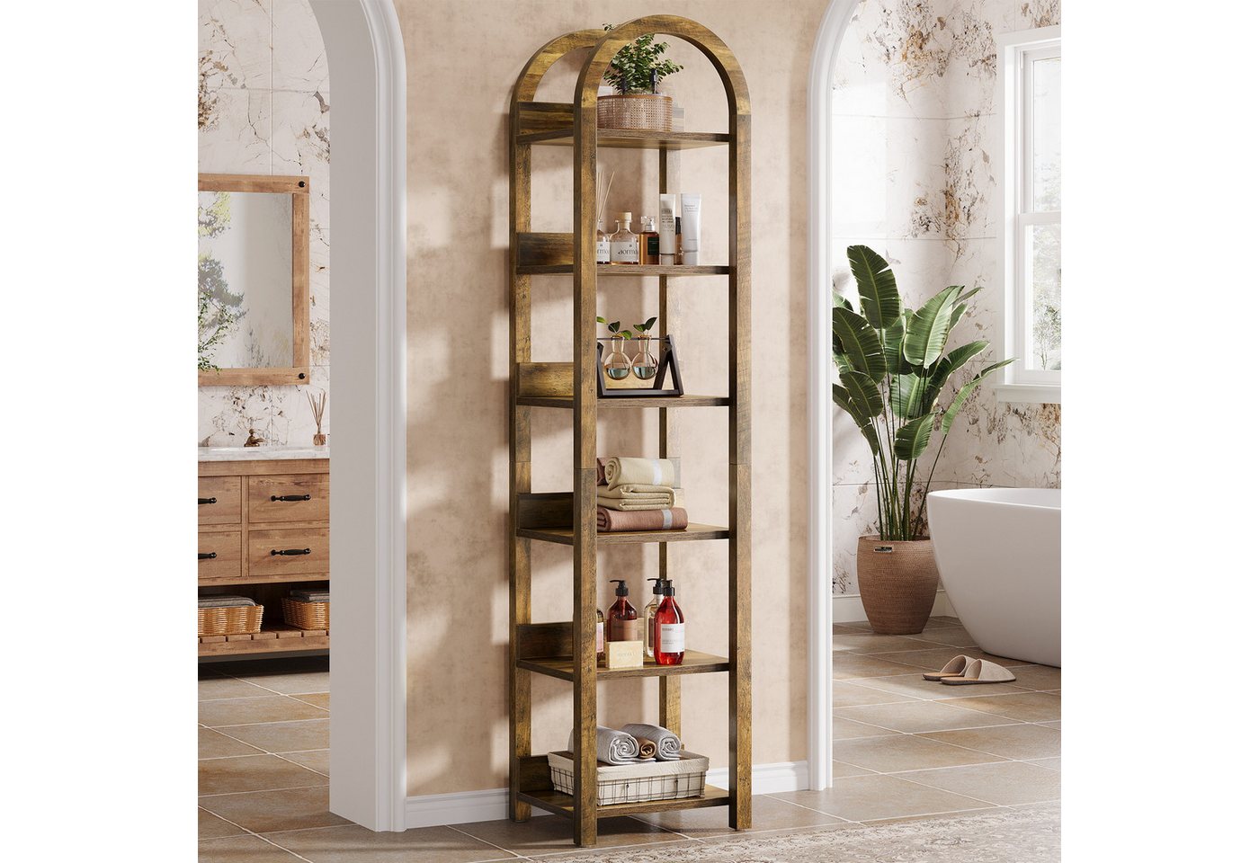 Tribesigns Bücherregal 180 cm Schmales Gewölbtes Standregal mit 6 Ebenen für kleine Räume Bild 2
