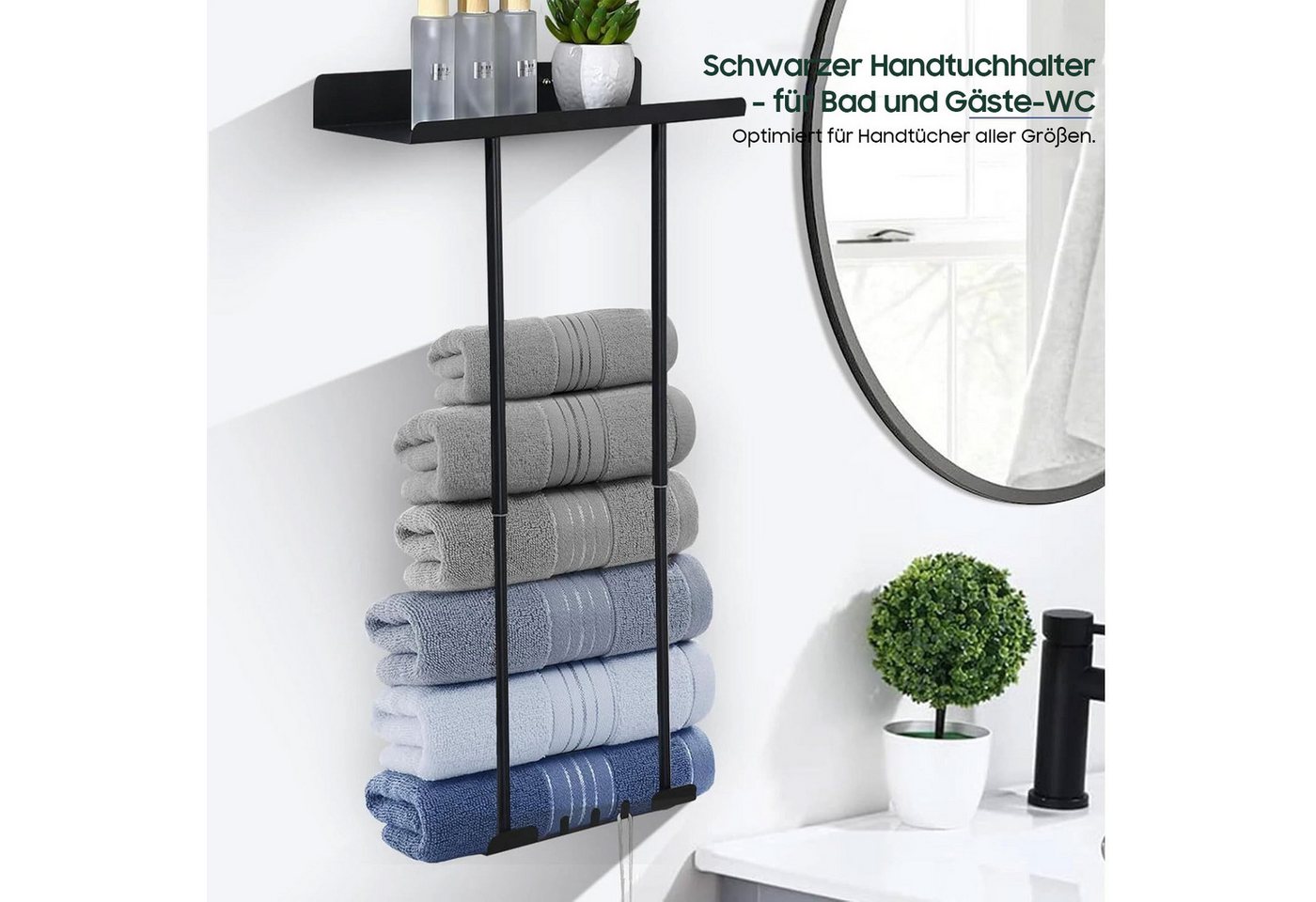 SURFOU Handtuchhalter ohne Bohren & ausziehbar für Bad - schwarz, 38-75 cm, Selbstklebend mit Ablage & Haken, großer Stauraum für Badezimmer&Küche Bild 4