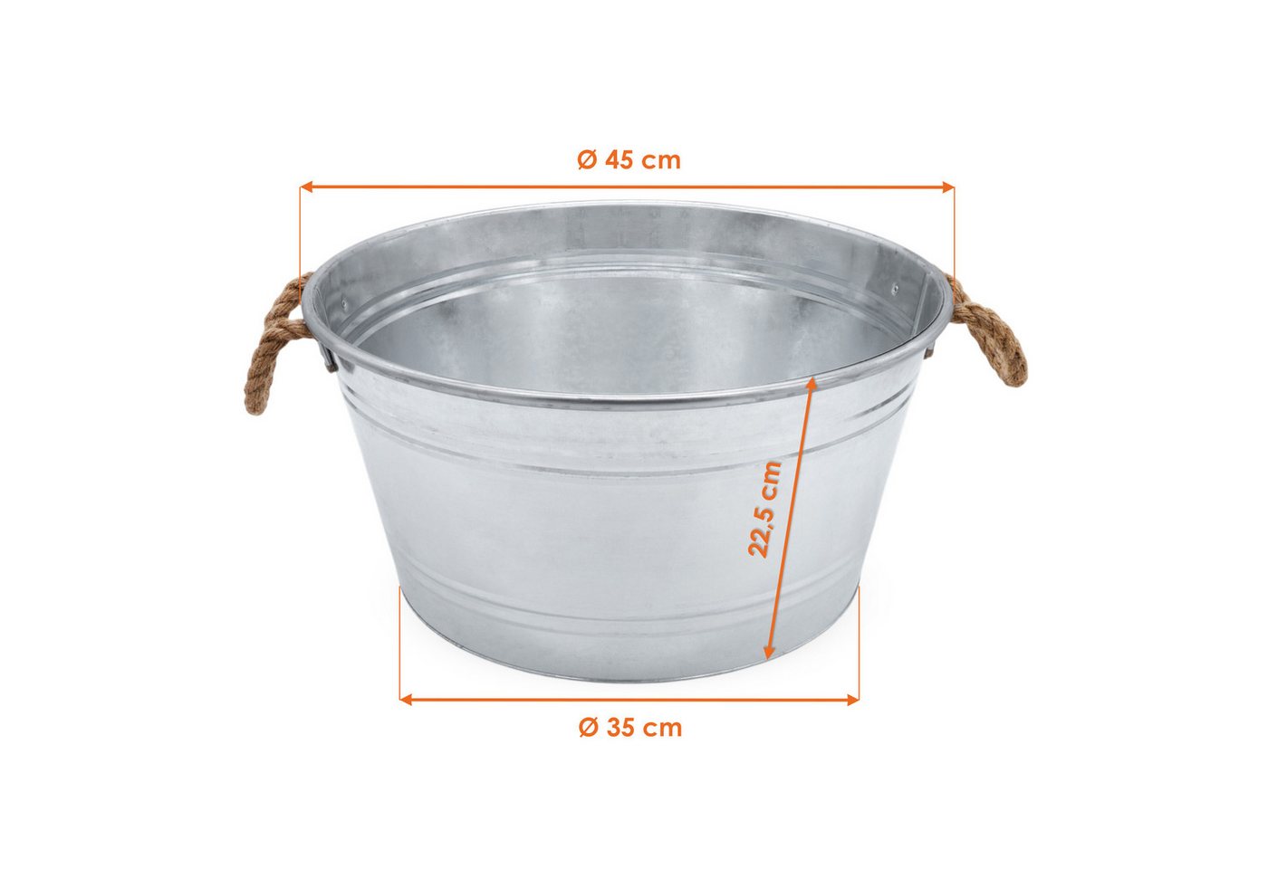 Spetebo Pflanzschale Zinkwanne mit Griffen aus Jutekordel (25 L, 1 St., rund), Metall Blumenschale silber verzinkt, 45 x 22 cm Bild 3