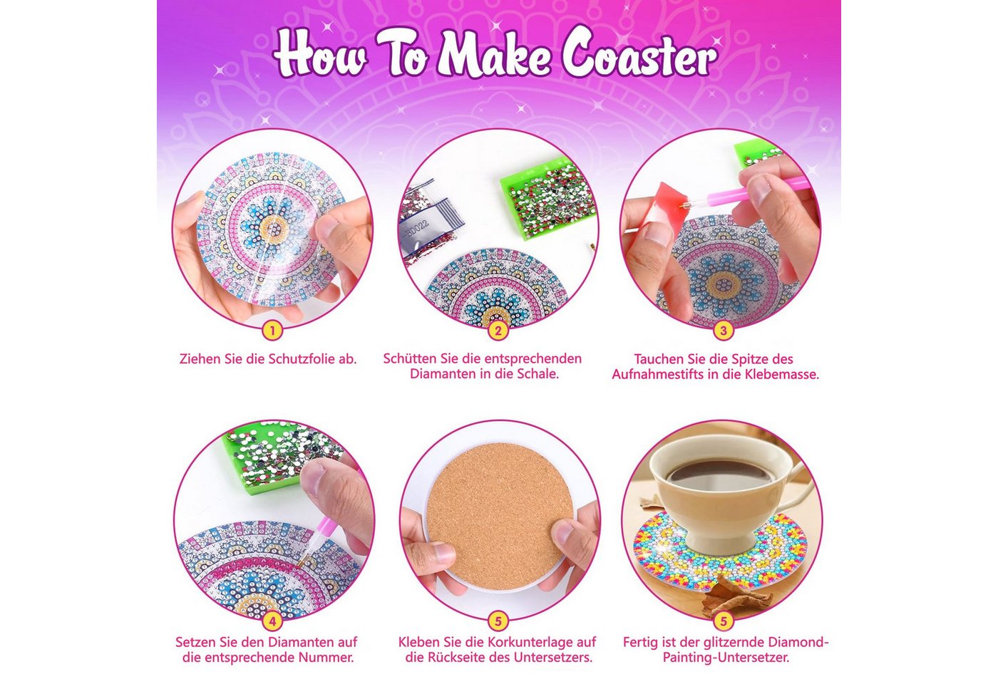 FOUORTUNATE-BEE Kreativset Diamantmalerei Untersetzer Set 8tlg DIY Bastelset mit Halter, Bastelset Untersetzer für Kinder Erwachsene Geschenk DIY Deko