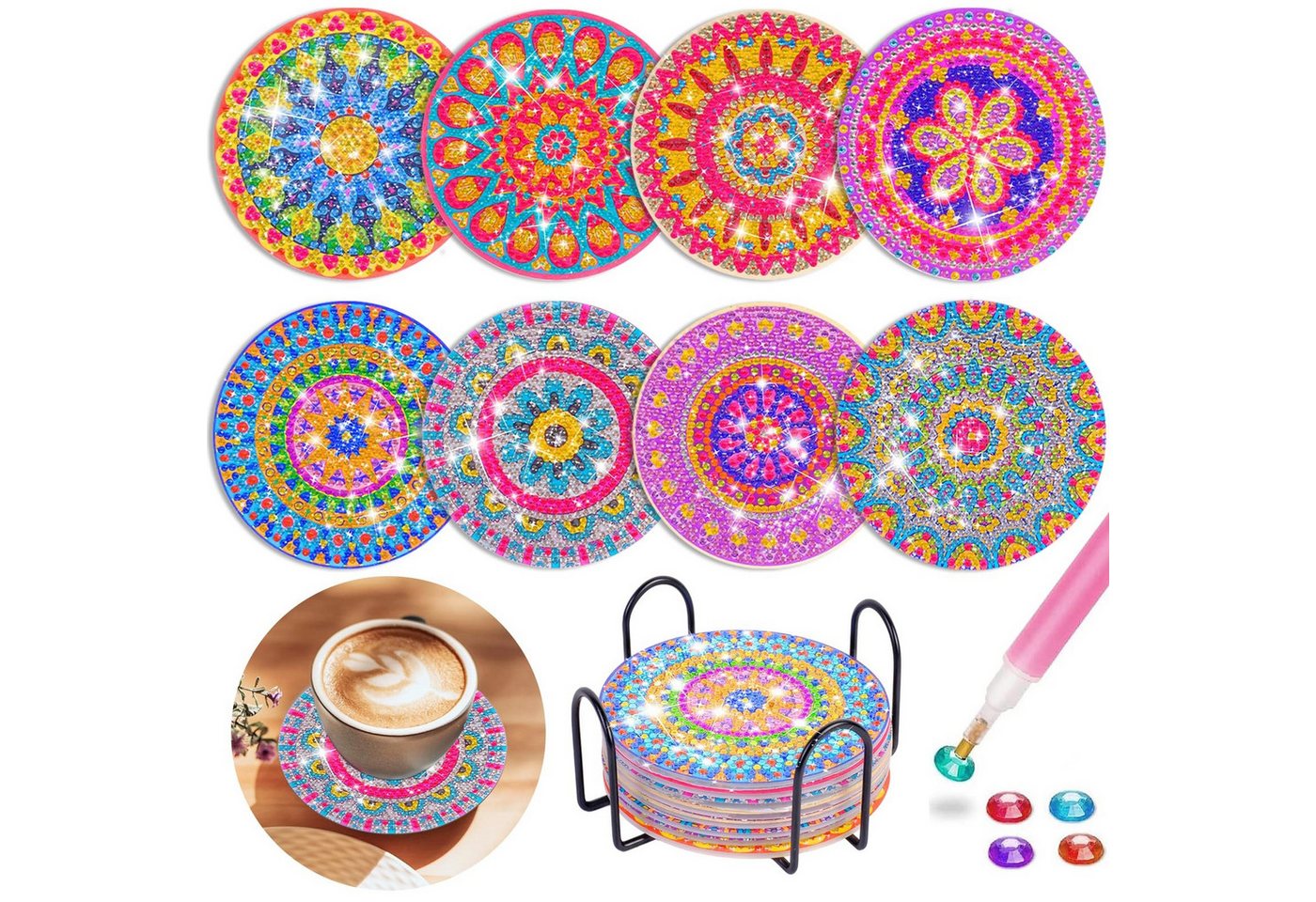FOUORTUNATE-BEE Kreativset Diamantmalerei Untersetzer Set 8tlg DIY Bastelset mit Halter, Bastelset Untersetzer für Kinder Erwachsene Geschenk DIY Deko Bild 2