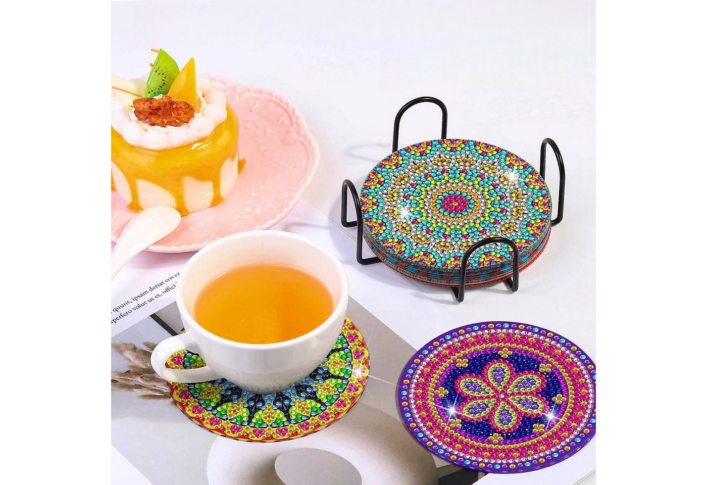 FOUORTUNATE-BEE Kreativset Diamantmalerei Untersetzer Set 8tlg DIY Bastelset mit Halter, Bastelset Untersetzer für Kinder Erwachsene Geschenk DIY Deko Bild 3