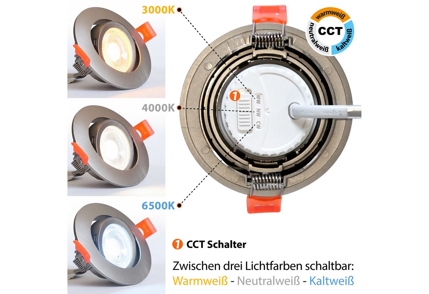 Maxkomfort LED Einbaustrahler 6er Set LED Einbaustrahler schwenkbar ultraflach Ø85mm, LED wechselbar, Warmweiß/Kaltweiß/Neutralweiß, 3 Lichtfarben - 3000K/4000K/6500K - Deckenspots/Einauspots IP20 silber