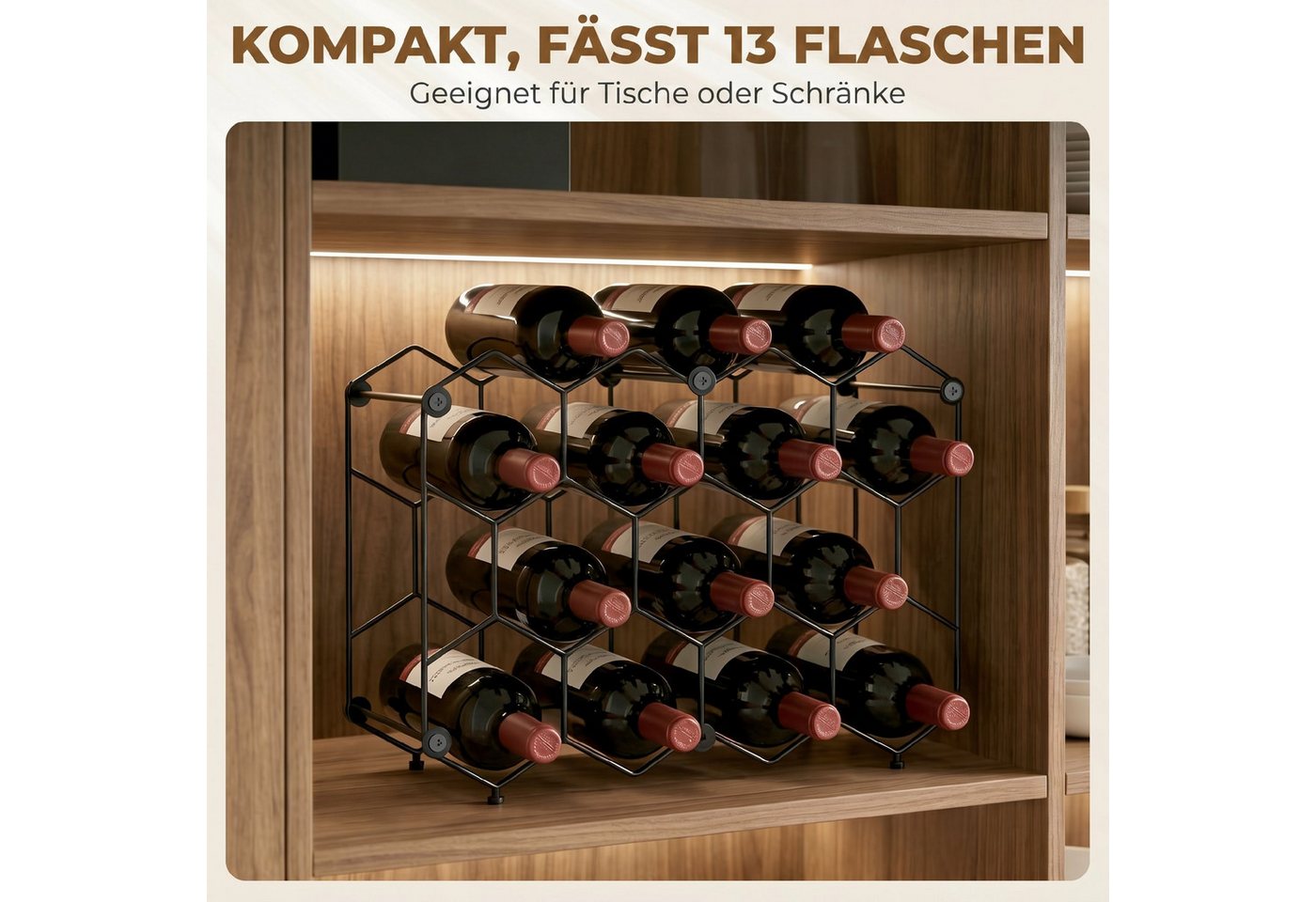 HOMCOM Weinregal Weinflaschenhalter mit Wabendesign Verstellbaren Füßen Kippschutz, Flaschenhalter für 13 Flaschen 1-tlg., aus Metall für Keller, Lagerraum, 43 x 15,5 x 31 cm Schwarz Bild 3
