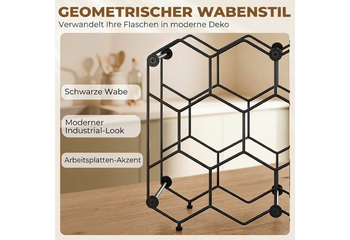 HOMCOM Weinregal Weinflaschenhalter mit Wabendesign Verstellbaren Füßen Kippschutz, Flaschenhalter für 13 Flaschen 1-tlg., aus Metall für Keller, Lagerraum, 43 x 15,5 x 31 cm Schwarz Bild 4