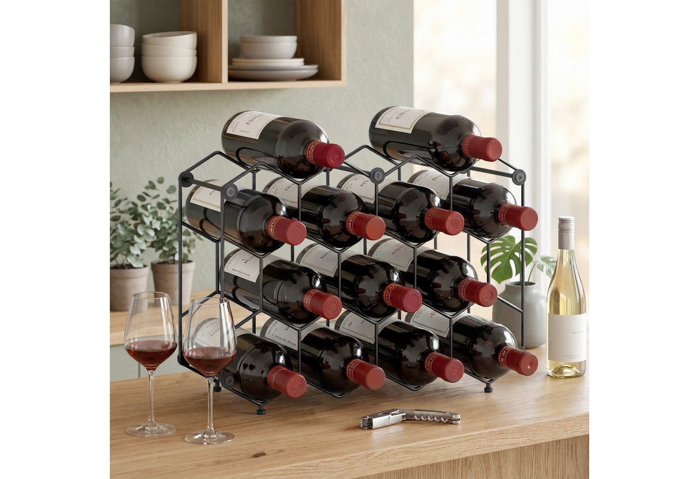 HOMCOM Weinregal Weinflaschenhalter mit Wabendesign Verstellbaren Füßen Kippschutz, Flaschenhalter für 13 Flaschen 1-tlg., aus Metall für Keller, Lagerraum, 43 x 15,5 x 31 cm Schwarz Bild 5