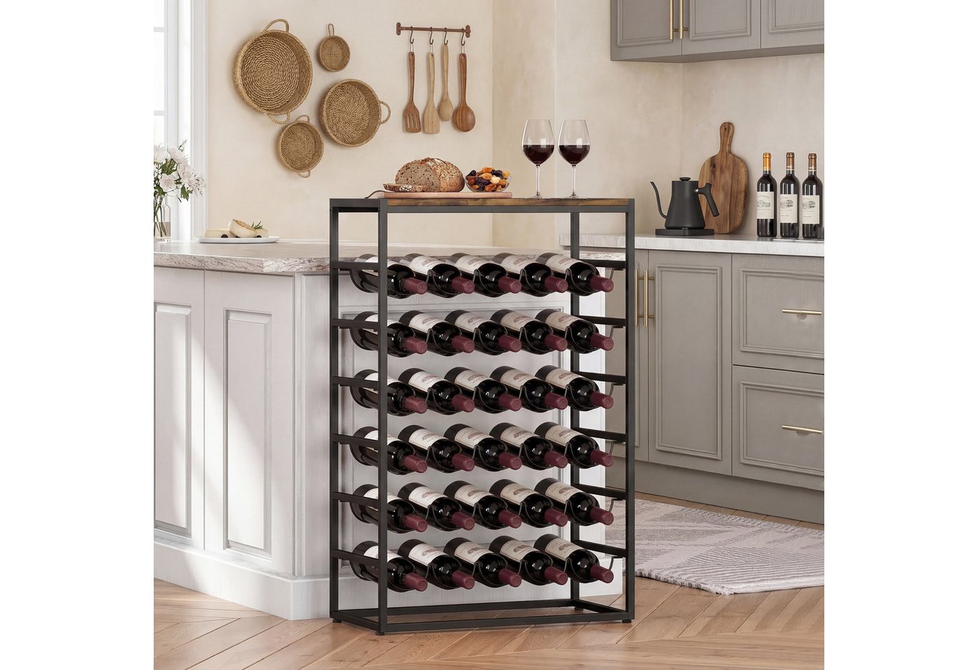HOMCOM Weinregal Flaschenregal Weinflaschenhalter für 30 Flaschen aus Metall, freistehender Flaschenhalter 1-tlg., für Keller, Lagerraum, 59 x 30 x 88,5 cm Rustikal-Braun