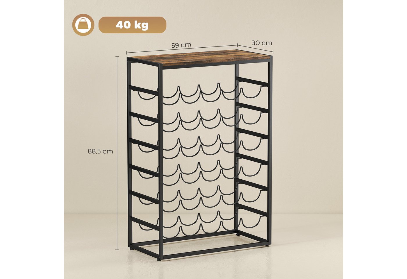HOMCOM Weinregal Flaschenregal Weinflaschenhalter für 30 Flaschen aus Metall, freistehender Flaschenhalter 1-tlg., für Keller, Lagerraum, 59 x 30 x 88,5 cm Rustikal-Braun Bild 2